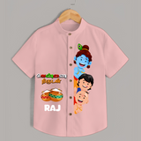 Butter Thief Little Krishna With Friends - Customised Shirt for kids - PEACH - 0 - 6 Months Old (Chest 23")