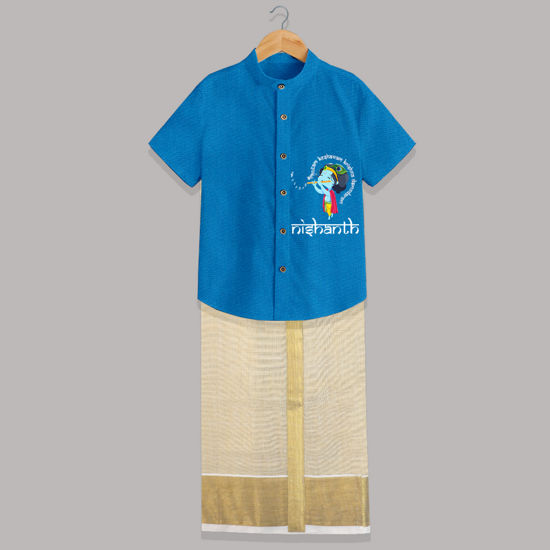 Flute-Playing Krishna - Customised Shirt And Dhoti for kids - ROYAL BLUE - 0 - 6 Months Old (Chest-23") (Dhoti length-14")