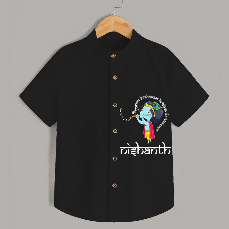 Flute-Playing Krishna - Customised Shirt for kids - BLACK - 0 - 6 Months Old (Chest 23")