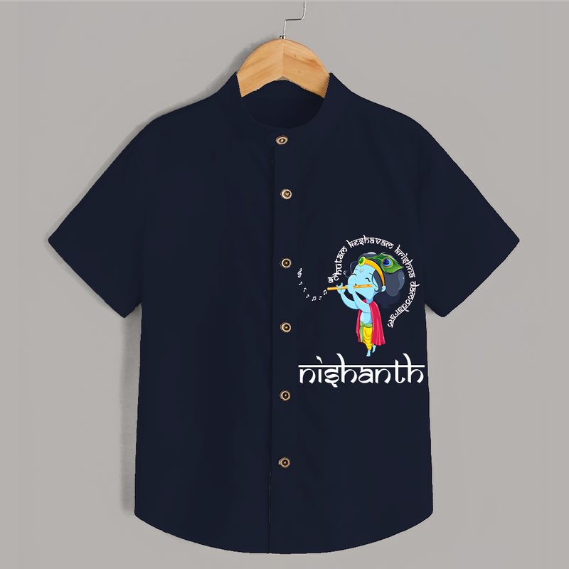 Flute-Playing Krishna - Customised Shirt for kids - NAVY BLUE - 0 - 6 Months Old (Chest 23")