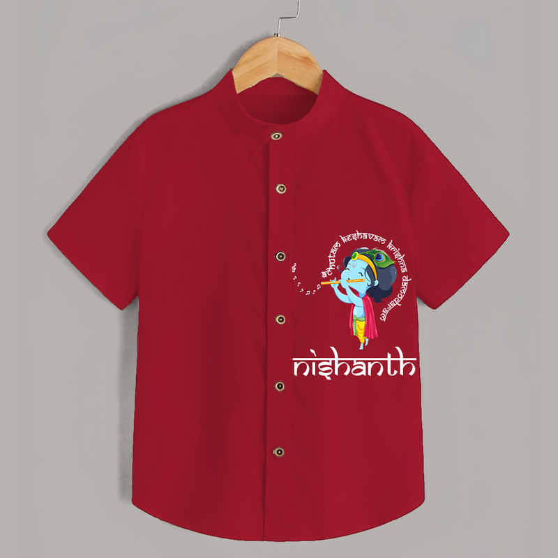 Flute-Playing Krishna - Customised Shirt for kids - RED - 0 - 6 Months Old (Chest 23")