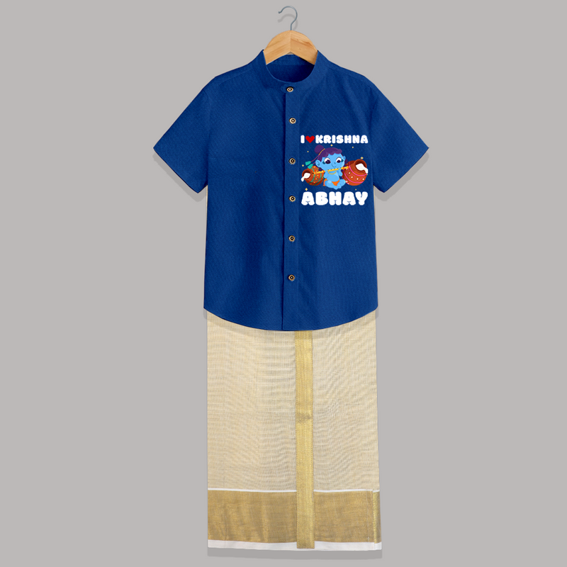 I love Krishna - Customised Shirt And Dhoti for kids - COBALT BLUE - 0 - 6 Months Old (Chest-23") (Dhoti length-14")