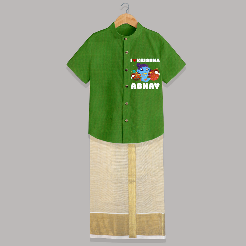 I love Krishna - Customised Shirt And Dhoti for kids - COPPER GREEN - 0 - 6 Months Old (Chest-23") (Dhoti length-14")