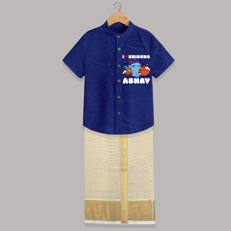 I love Krishna - Customised Shirt And Dhoti for kids - MIDNIGHT BLUE - 0 - 6 Months Old (Chest-23") (Dhoti length-14")