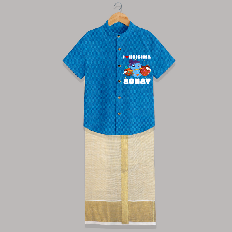 I love Krishna - Customised Shirt And Dhoti for kids - ROYAL BLUE - 0 - 6 Months Old (Chest-23") (Dhoti length-14")