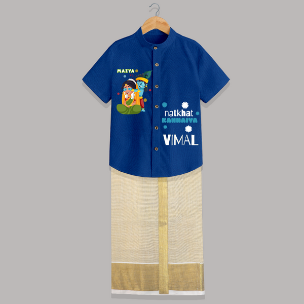 Naughty Cute Little Krishna - Customised Shirt And Dhoti for kids - COBALT BLUE - 0 - 6 Months Old (Chest-23") (Dhoti length-14")