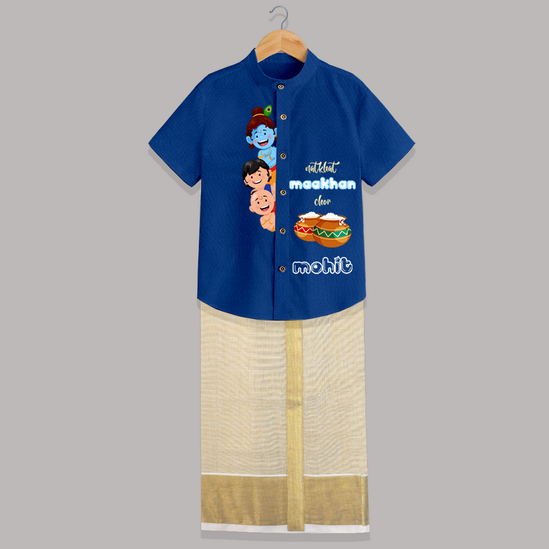 Natkhat Maakhan Chor - Customised Shirt And Dhoti for kids - COBALT BLUE - 0 - 6 Months Old (Chest-23") (Dhoti length-14")