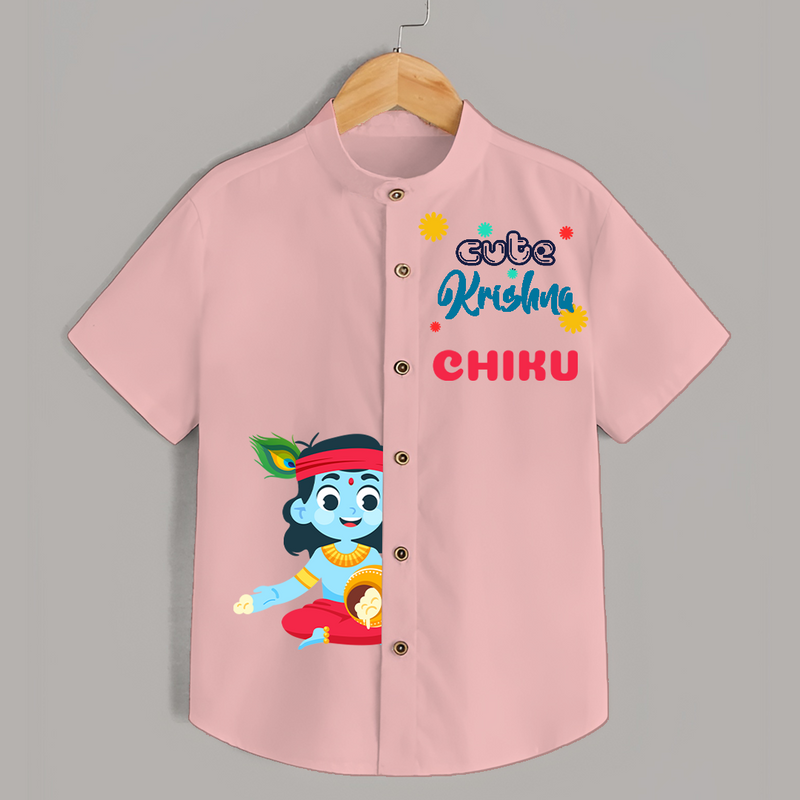 Cute Krishna Customised Shirt for kids - PEACH - 0 - 6 Months Old (Chest 23")