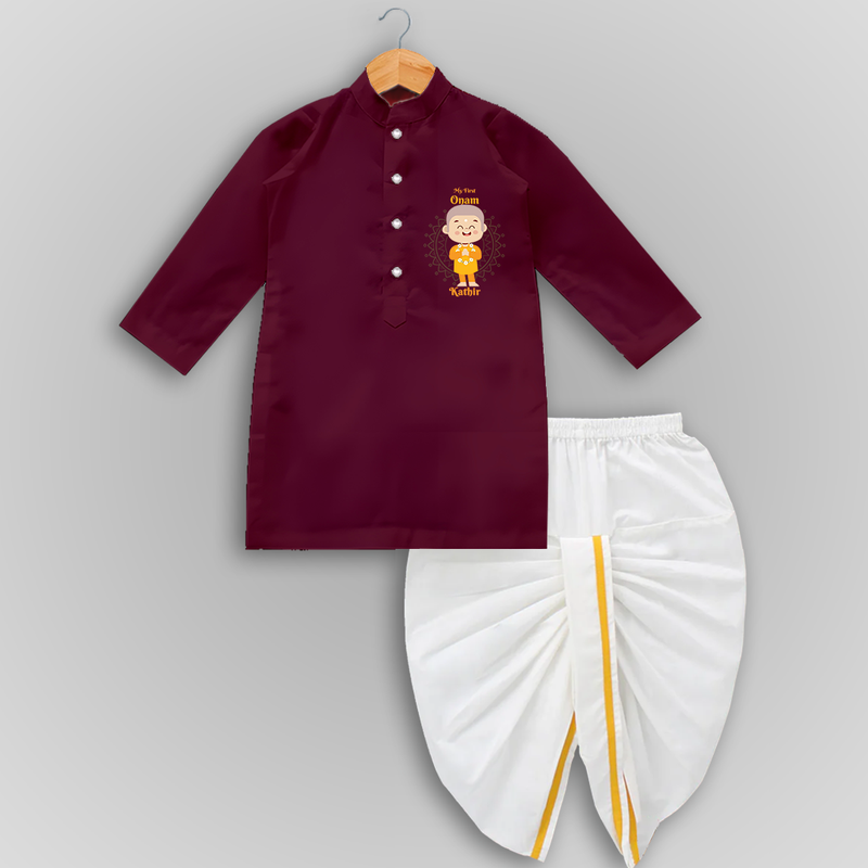 My First Onam - Customized Drapped Dhoti For boys - MAROON - 0-6 Month Old (Chest 24", Kurta Length 14" , Waist 19", Dhoti Length 14")