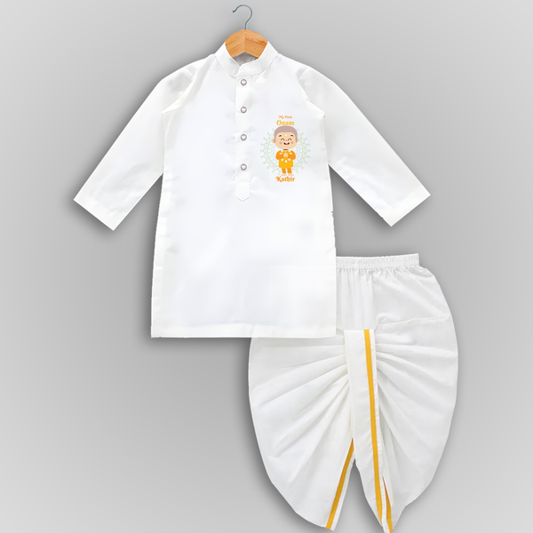 My First Onam - Customized Drapped Dhoti For boys - WHITE - 0-6 Month Old (Chest 24", Kurta Length 14" , Waist 19", Dhoti Length 14")