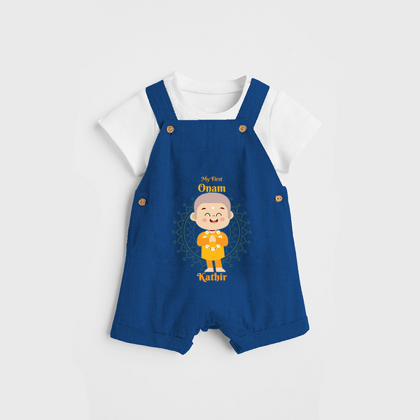 My First Onam - Customized Dungaree Set For boys - COBALT BLUE - 0 - 5 Months Old (Chest 17")