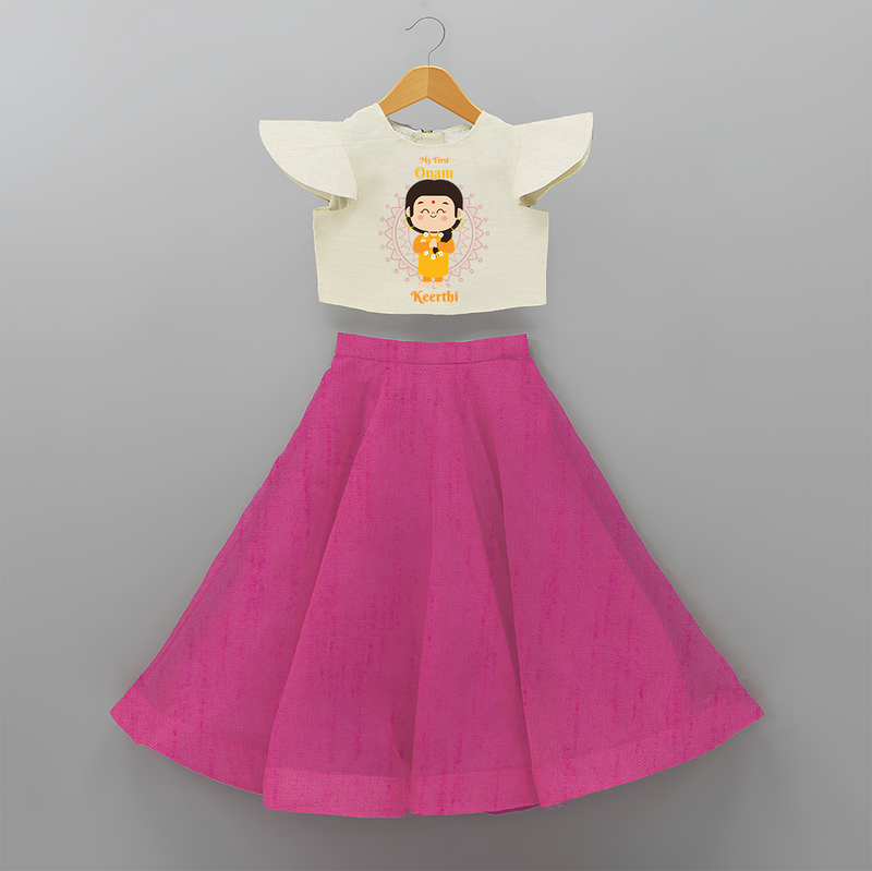 My First Onam - Customized Crop Top And Skirt For Girls - FUSCHIA - 6 - 9 Months Old (Chest 20" , Frock Waist 20")