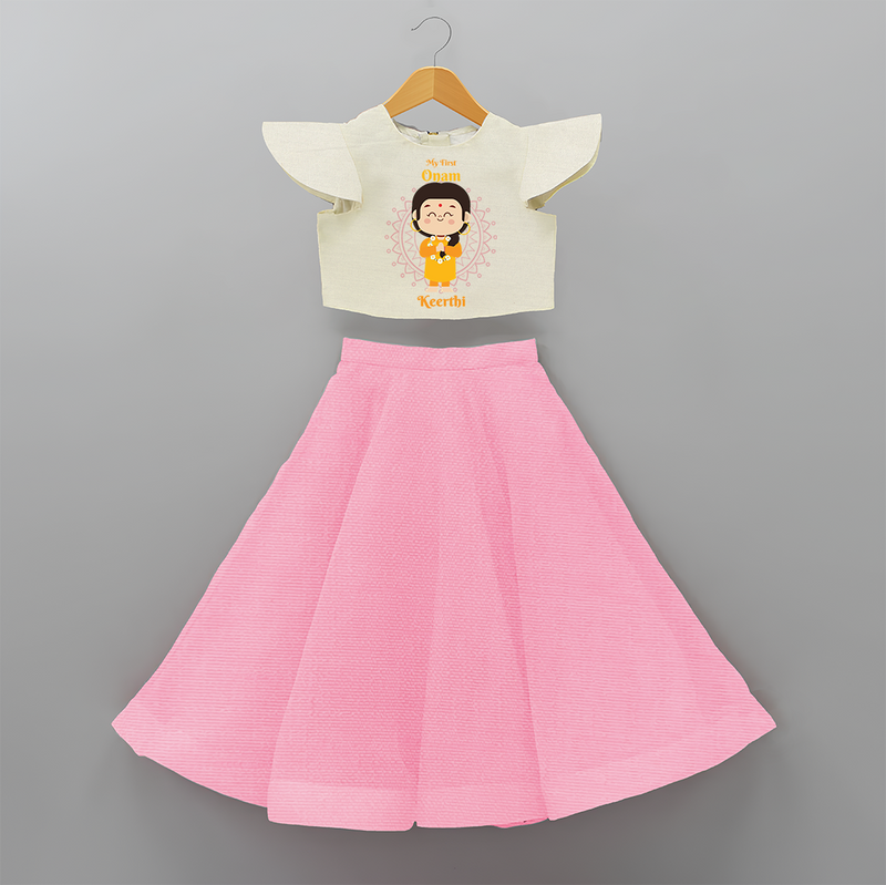 My First Onam - Customized Crop Top And Skirt For Girls - PINK - 6 - 9 Months Old (Chest 20" , Frock Waist 20")