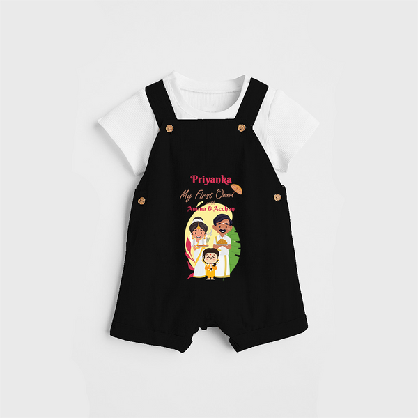 My First Onam With Amma & Acchan - Customized Dungaree Set For Girls - BLACK - 0 - 5 Months Old (Chest 17")