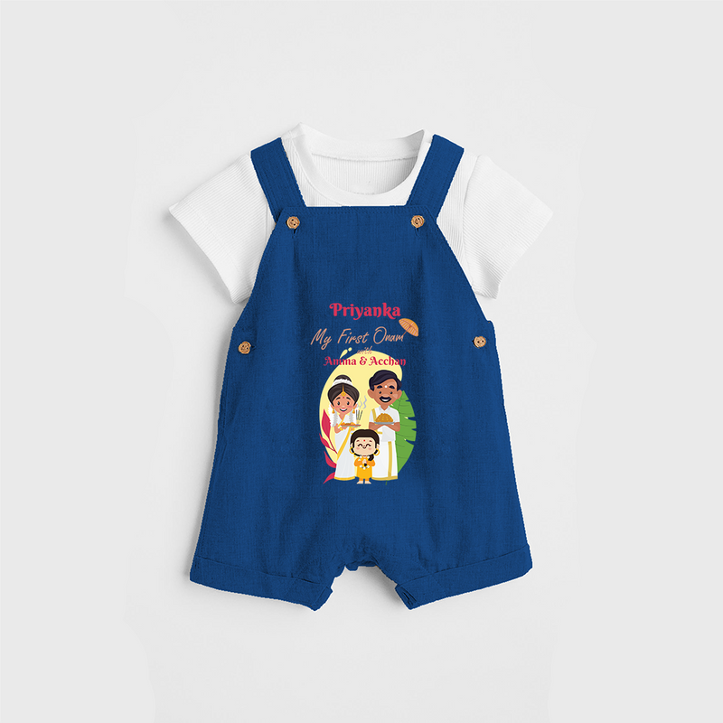 My First Onam With Amma & Acchan - Customized Dungaree Set For Girls - COBALT BLUE - 0 - 5 Months Old (Chest 17")