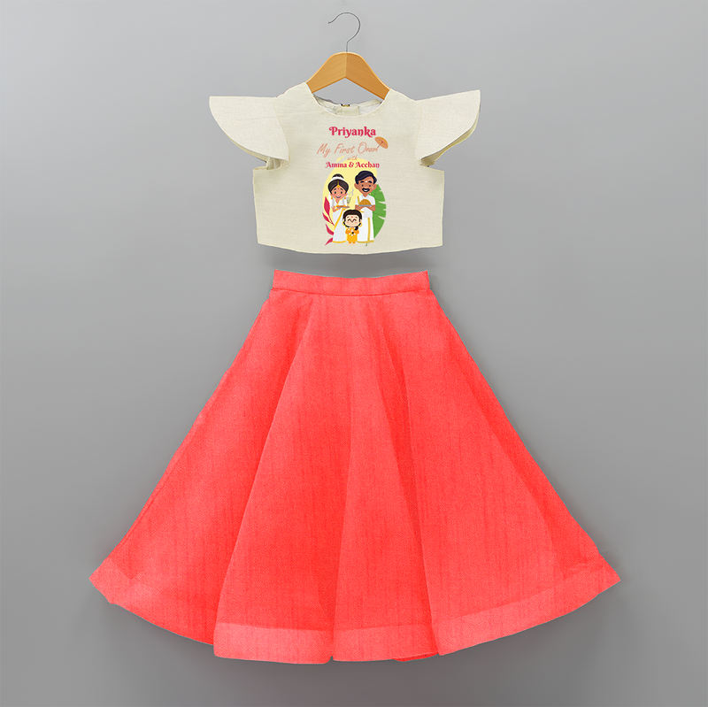 My First Onam With Amma & Acchan - Customized Crop Top And Skirt For Girls - RED - 6 - 9 Months Old (Chest 20" , Frock Waist 20")