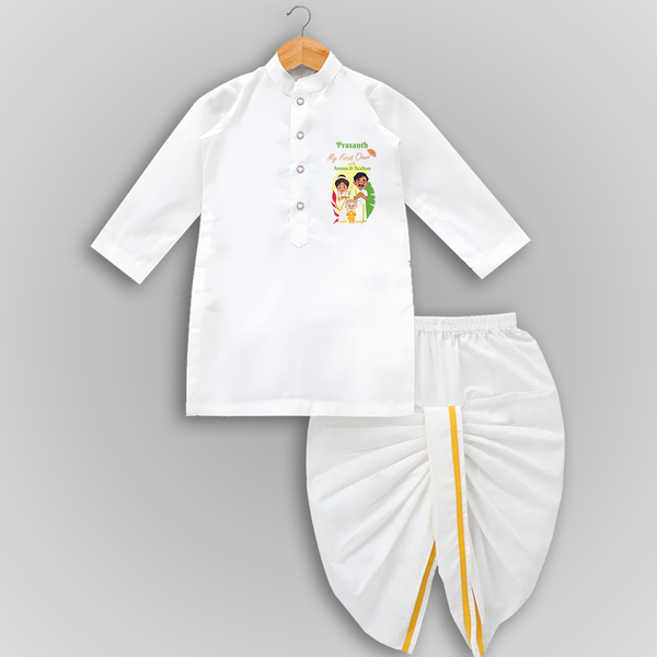 My First Onam With Amma & Acchan  - Customized Drapped Dhoti For boys - WHITE - 0-6 Month Old (Chest 24", Kurta Length 14" , Waist 19", Dhoti Length 14")