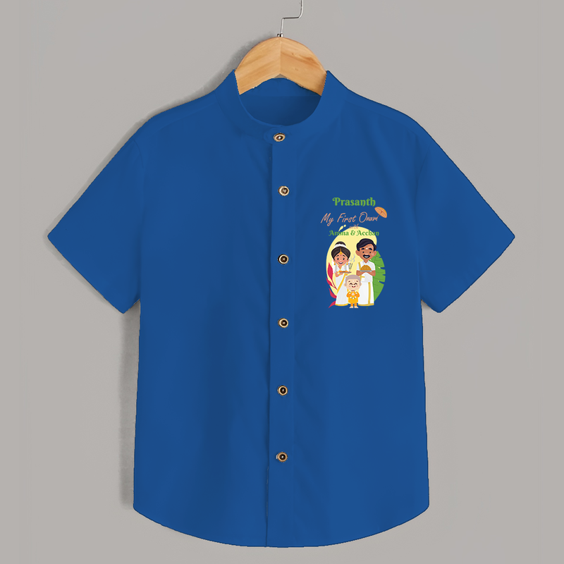 My First Onam With Amma & Acchan  - Customized Shirt For boys - COBALT BLUE - 0 - 6 Months Old (Chest 23")