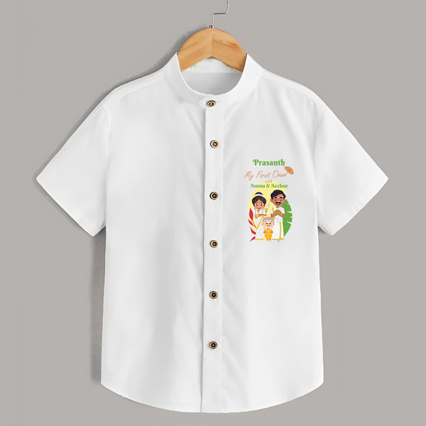 My First Onam With Amma & Acchan  - Customized Shirt For boys - WHITE - 0 - 6 Months Old (Chest 23")