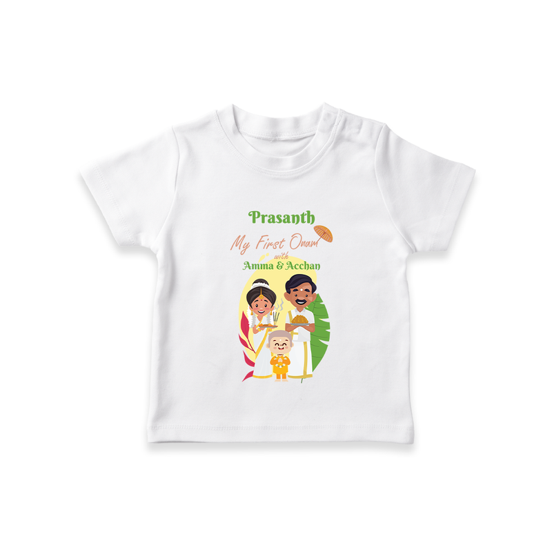 My First Onam With Amma & Acchan  - Customized TShirt For boys - WHITE - 0-5 Months Old (Chest 17")