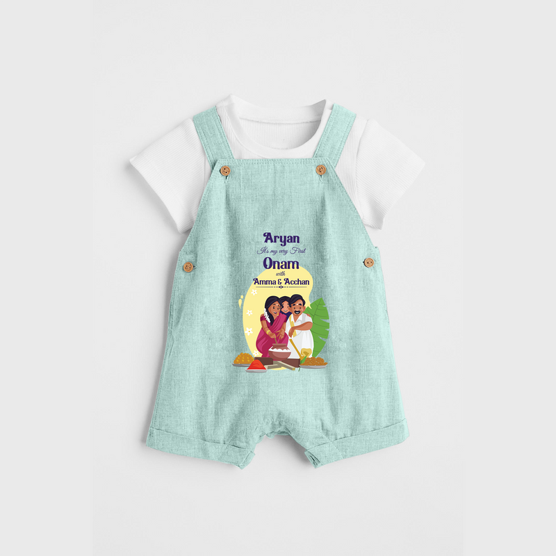 It's My First Onam With Amma & Acchan - Customized Dungaree Set For kids - ARCTIC BLUE - 0 - 5 Months Old (Chest 17")