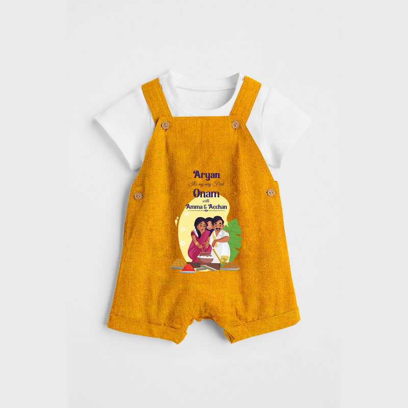 It's My First Onam With Amma & Acchan - Customized Dungaree Set For kids - CHROME YELLOW - 0 - 5 Months Old (Chest 17")