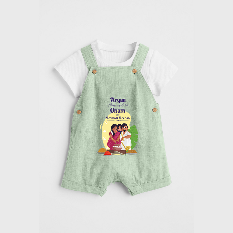 It's My First Onam With Amma & Acchan - Customized Dungaree Set For kids - MINT GREEN - 0 - 5 Months Old (Chest 17")