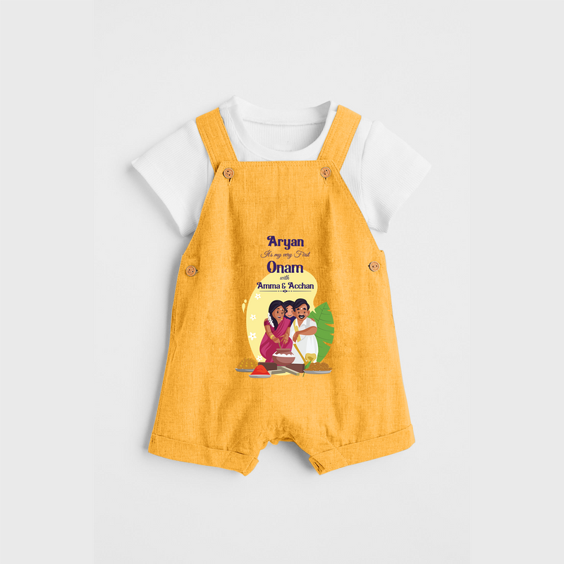 It's My First Onam With Amma & Acchan - Customized Dungaree Set For kids - PASTEL YELLOW - 0 - 5 Months Old (Chest 17")