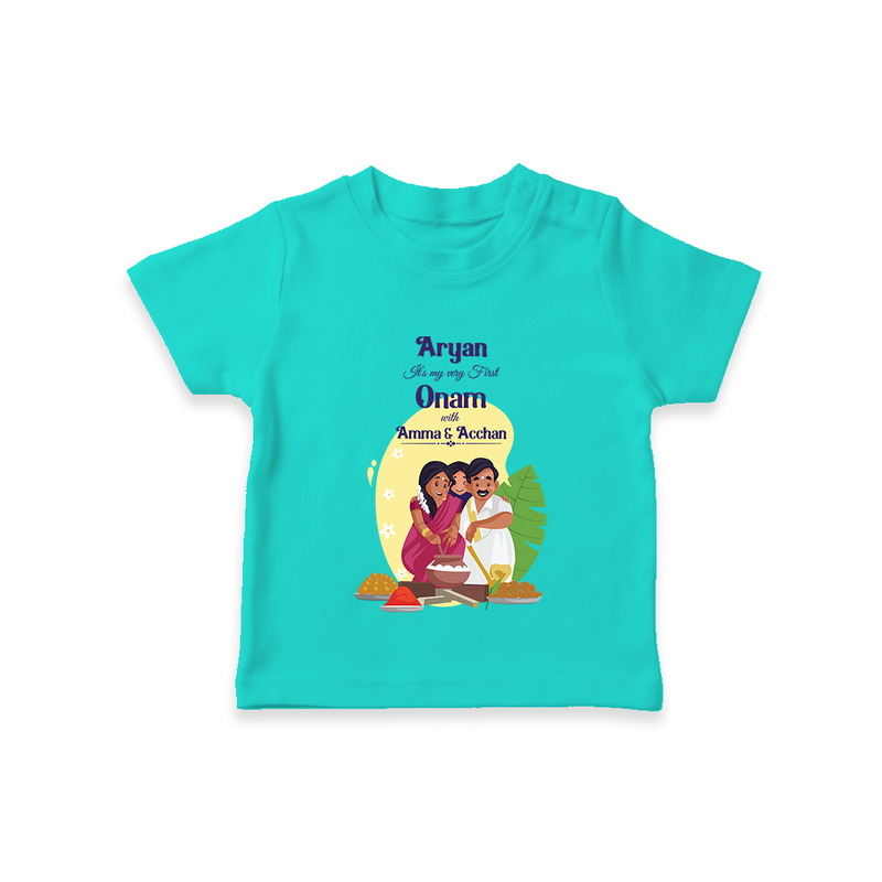 It's My First Onam With Amma & Acchan - Customized TShirt For kids - TEAL - 0-5 Months Old (Chest 17")