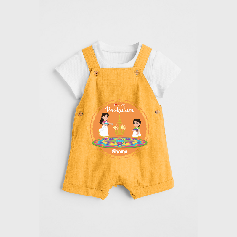 I Love Pookolam - Customized Dungaree Set For Girls - PASTEL YELLOW - 0 - 5 Months Old (Chest 17")