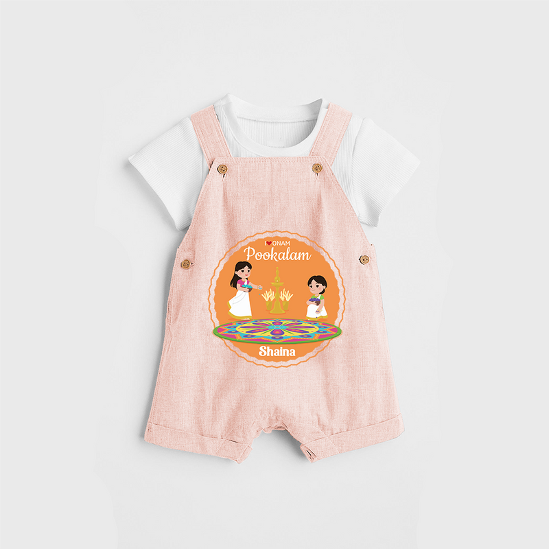 I Love Pookolam - Customized Dungaree Set For Girls - PEACH - 0 - 5 Months Old (Chest 17")