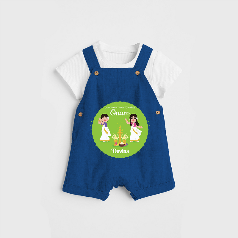 Dancing My Way Towards Onam - Customized Dungaree Set For Girls - COBALT BLUE - 0 - 5 Months Old (Chest 17")