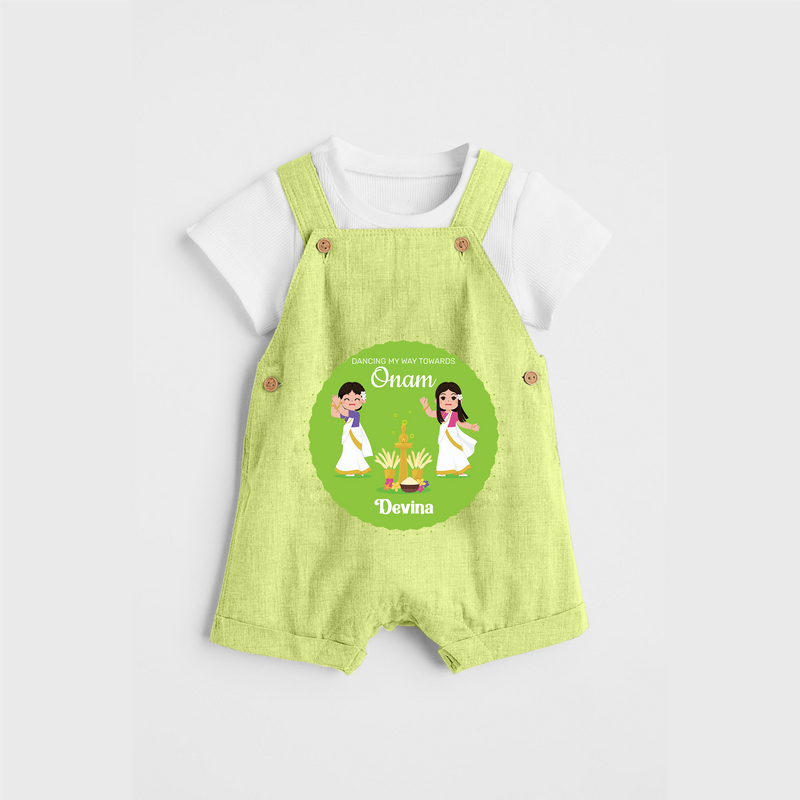 Dancing My Way Towards Onam - Customized Dungaree Set For Girls - PASTEL GREEN - 0 - 5 Months Old (Chest 17")