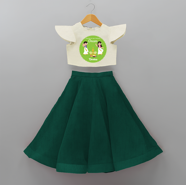 Dancing My Way Towards Onam - Customized Crop Top And Skirt For Girls - BOTTLE GREEN - 6 - 9 Months Old (Chest 20" , Frock Waist 20")