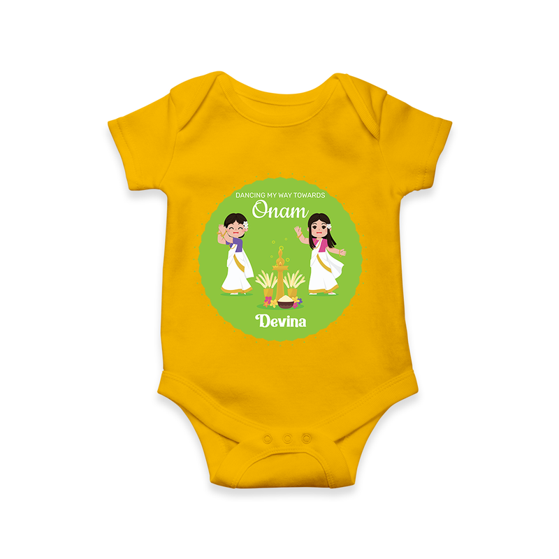 Dancing My Way Towards Onam - Customized Romper For Girls - CHROME YELLOW - 0 - 3 Months Old (Chest 16")