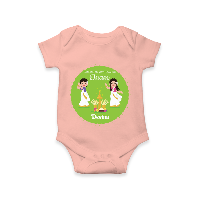 Dancing My Way Towards Onam - Customized Romper For Girls - PEACH - 0 - 3 Months Old (Chest 16")