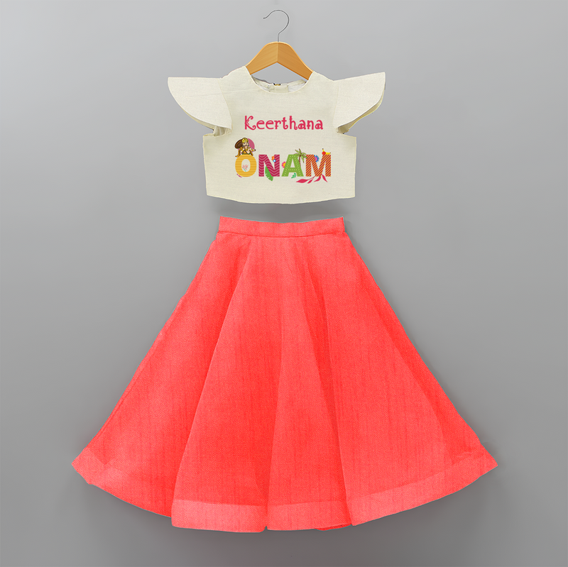 Onam - Customized Crop Top And Skirt For Girls - RED - 6 - 9 Months Old (Chest 20" , Frock Waist 20")