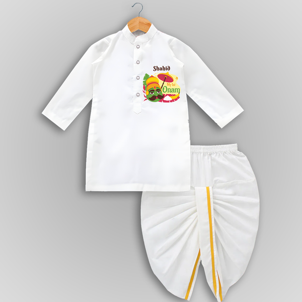 My 1st Onam - Customized Drapped Dhoti For Kids - WHITE - 0-6 Month Old (Chest 24", Kurta Length 14" , Waist 19", Dhoti Length 14")