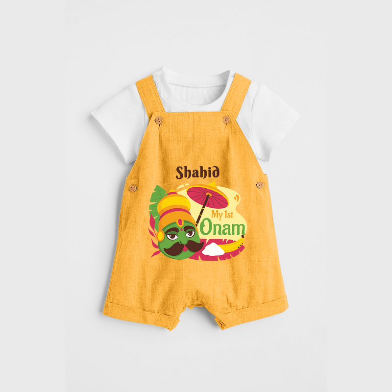 My 1st Onam - Customized Dungaree Set For Kids - PASTEL YELLOW - 0 - 5 Months Old (Chest 17")