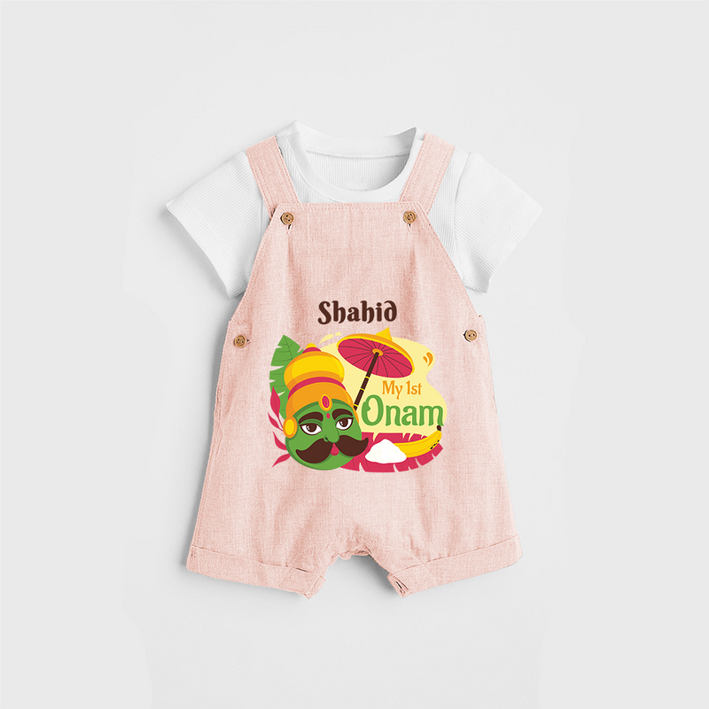 My 1st Onam - Customized Dungaree Set For Kids - PEACH - 0 - 5 Months Old (Chest 17")