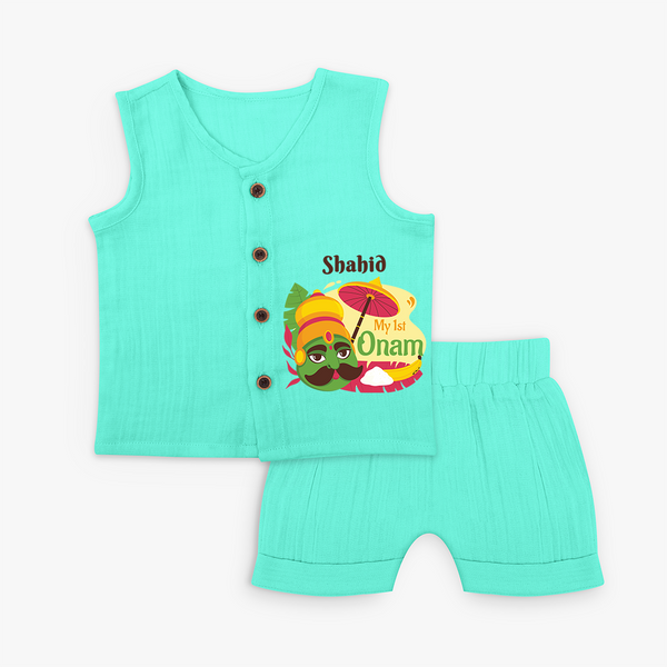 My 1st Onam - Customized Jabla Set For Kids - AQUA GREEN - 0 - 3 Months Old (Chest 9.8")