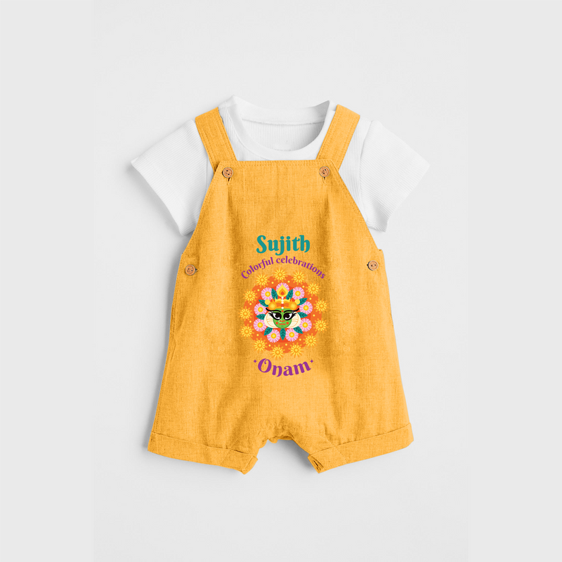 Colourful Celebration Onam - Customized Dungaree Set For Kids - PASTEL YELLOW - 0 - 5 Months Old (Chest 17")