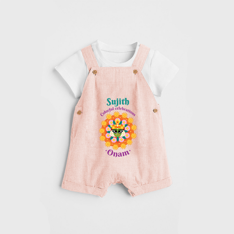 Colourful Celebration Onam - Customized Dungaree Set For Kids - PEACH - 0 - 5 Months Old (Chest 17")