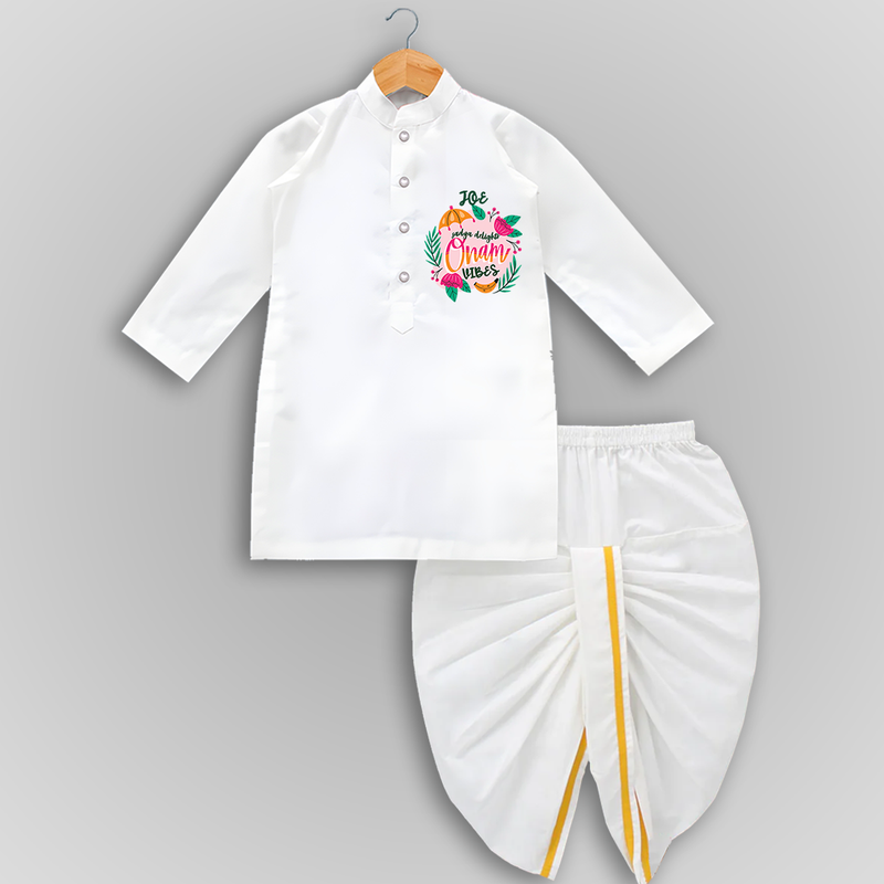 Onam Vibes - Customized Drapped Dhoti For Kids - WHITE - 0-6 Month Old (Chest 24", Kurta Length 14" , Waist 19", Dhoti Length 14")