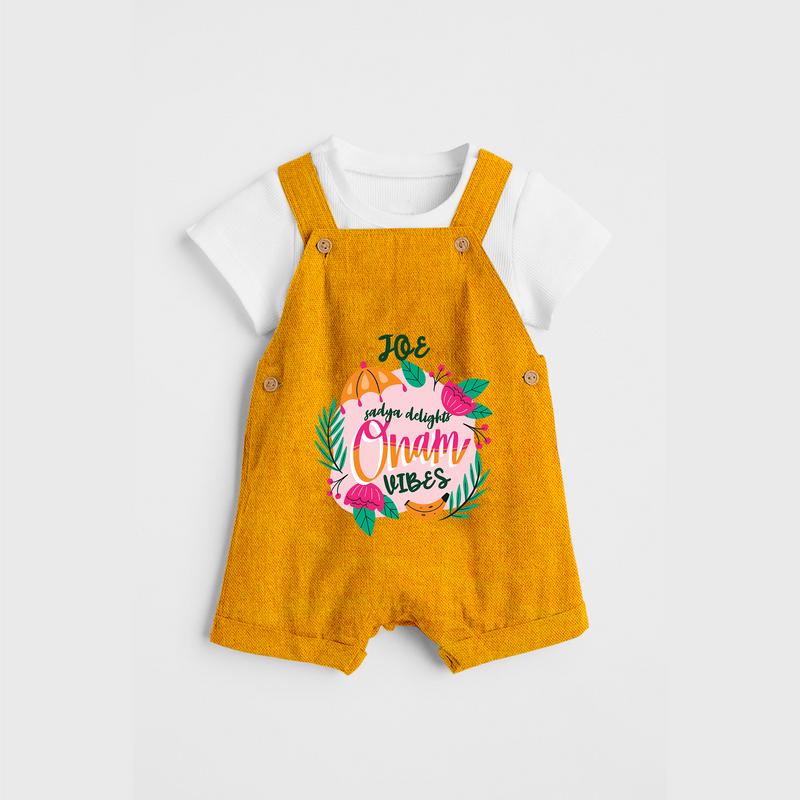 Onam Vibes - Customized Dungaree Set For Kids - CHROME YELLOW - 0 - 5 Months Old (Chest 17")