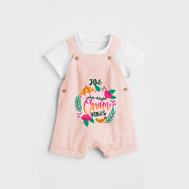 Onam Vibes - Customized Dungaree Set For Kids - PEACH - 0 - 5 Months Old (Chest 17")