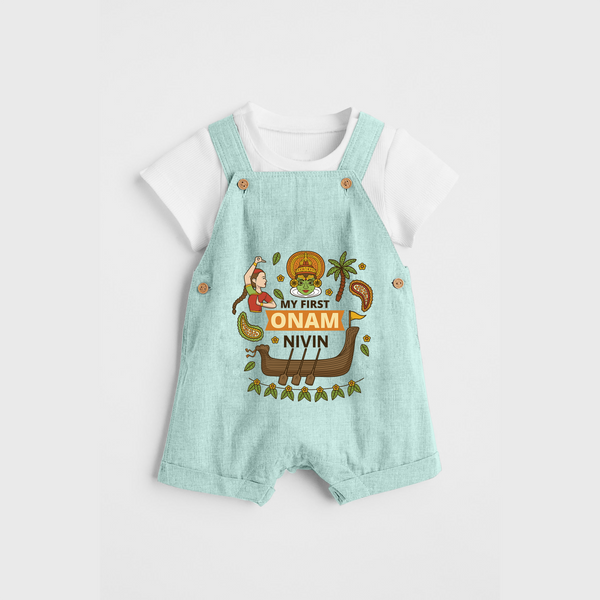 My First Onam - Customized Dungaree Set For Kids - ARCTIC BLUE - 0 - 5 Months Old (Chest 17")