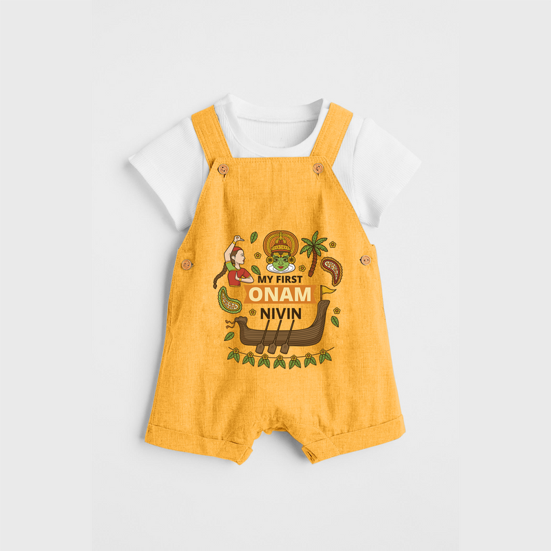 My First Onam - Customized Dungaree Set For Kids - PASTEL YELLOW - 0 - 5 Months Old (Chest 17")