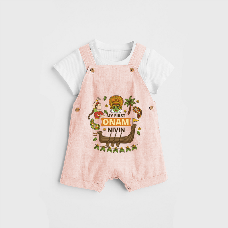 My First Onam - Customized Dungaree Set For Kids - PEACH - 0 - 5 Months Old (Chest 17")