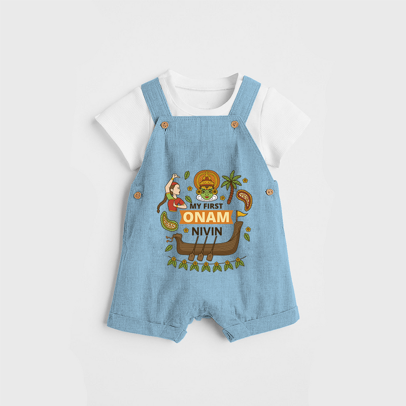 My First Onam - Customized Dungaree Set For Kids - SKY BLUE - 0 - 5 Months Old (Chest 17")